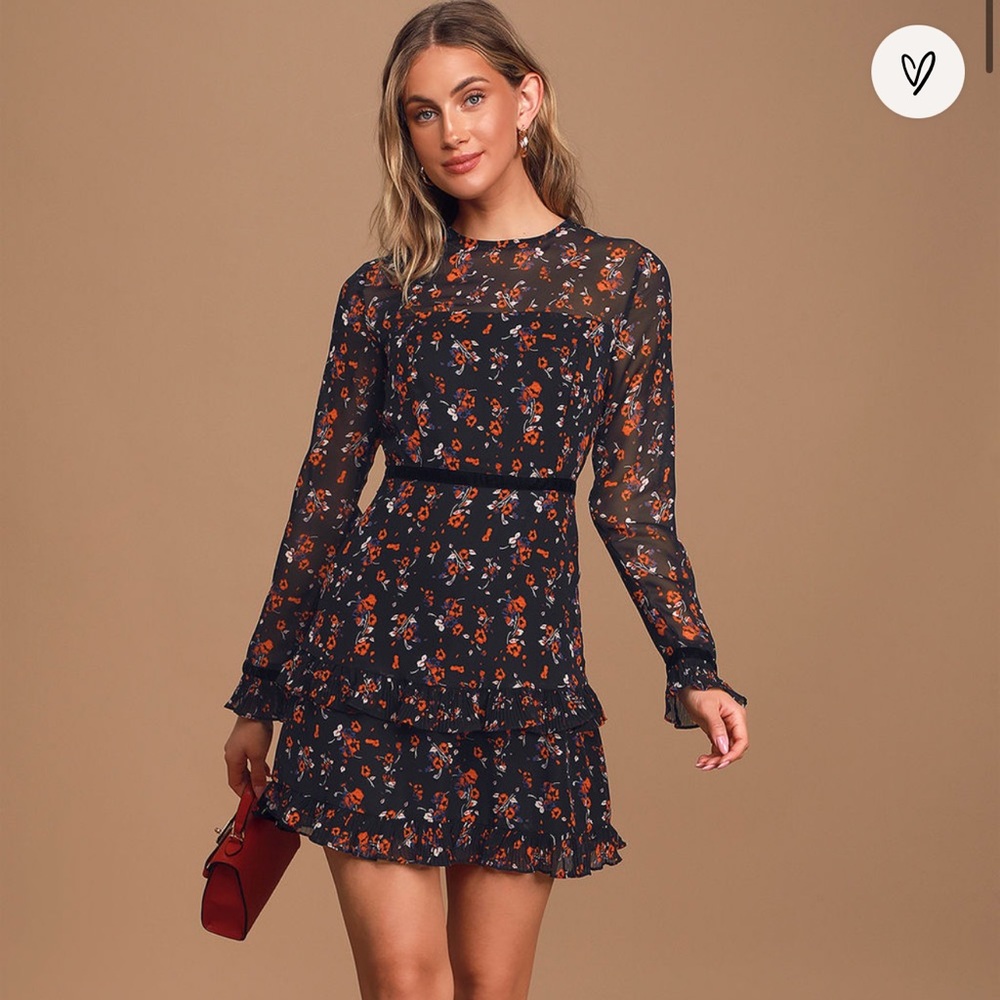Lulu’s Floral to See Black Floral Print Long Sleeve Mini Dress
